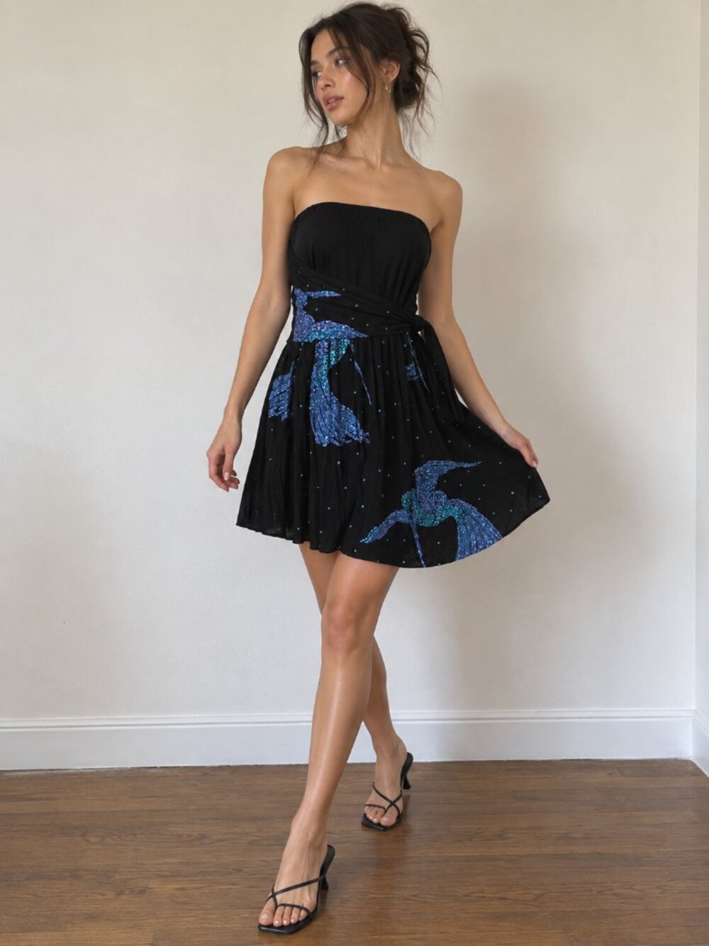 Vintage 90s Y2K Strapless Glitter Hummingbird Dress Ethereal Whimsigoth